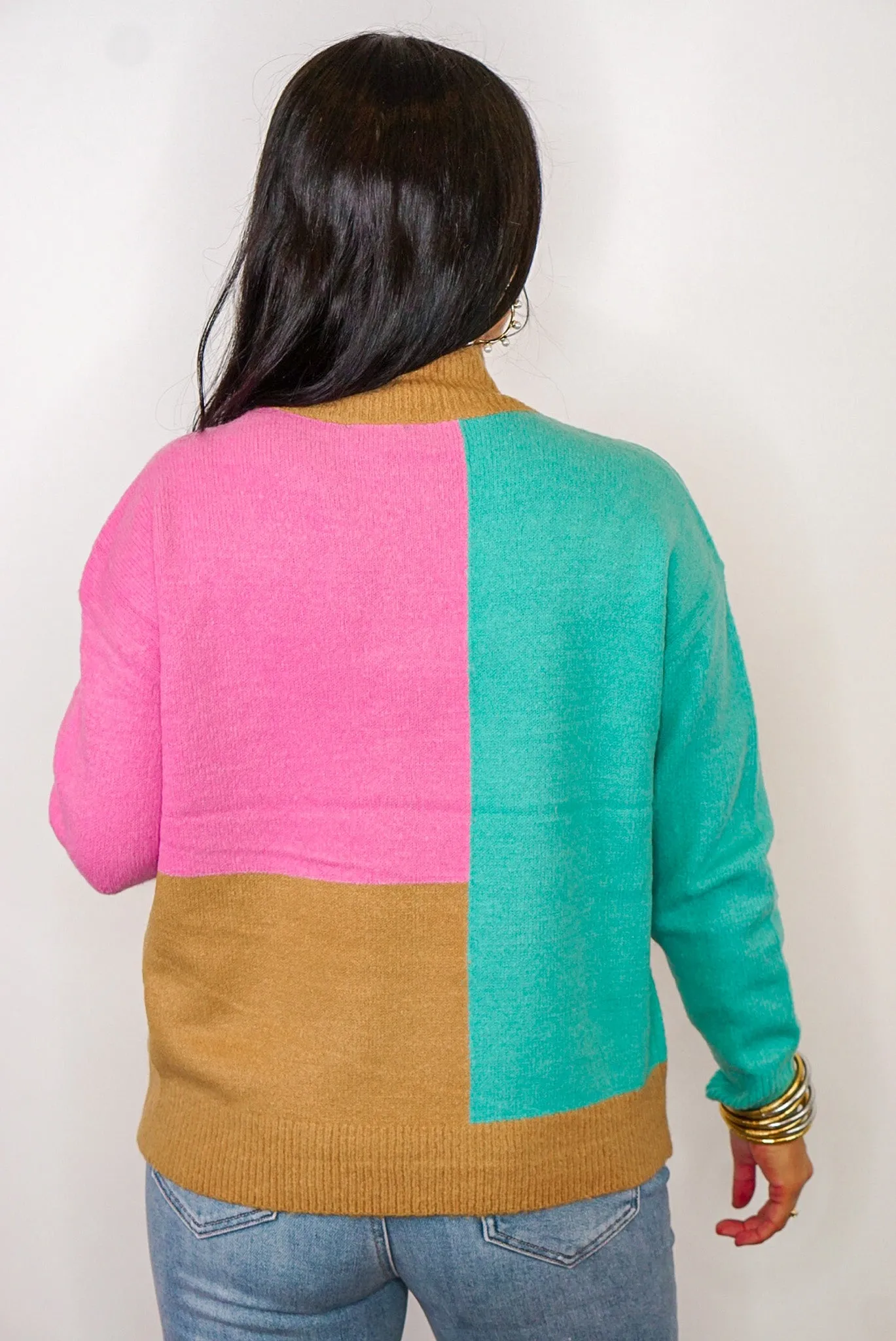 Pink And Teal Colorblock Sweater