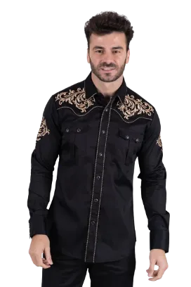 Platini Men's Cotton Black Embroidery Western Shirt