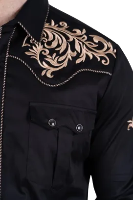 Platini Men's Cotton Black Embroidery Western Shirt