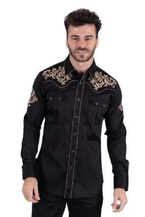 Platini Men's Cotton Black Embroidery Western Shirt