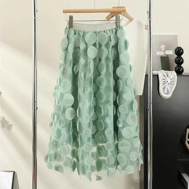 Pre Order:  High-Waist Polka Dots A-Line Mesh Midi Skirt