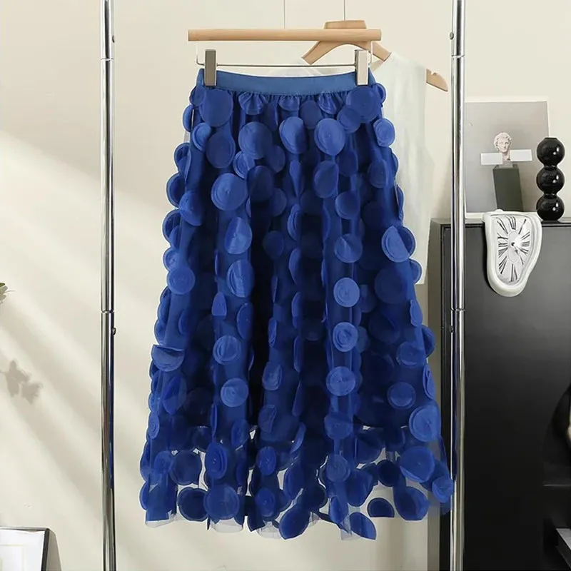 Pre Order:  High-Waist Polka Dots A-Line Mesh Midi Skirt