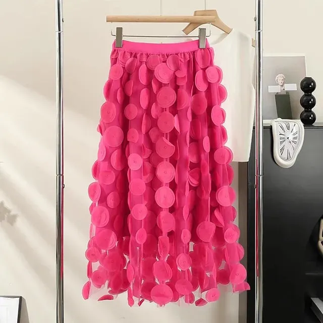 Pre Order:  High-Waist Polka Dots A-Line Mesh Midi Skirt