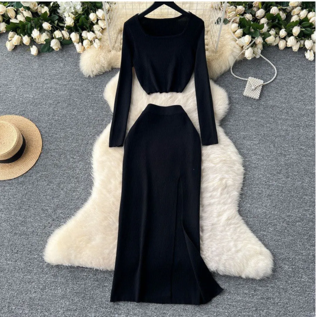 Pre Order:  Slim Fit Square Neck Knitted Top   Hip Hugging Slit Skirt