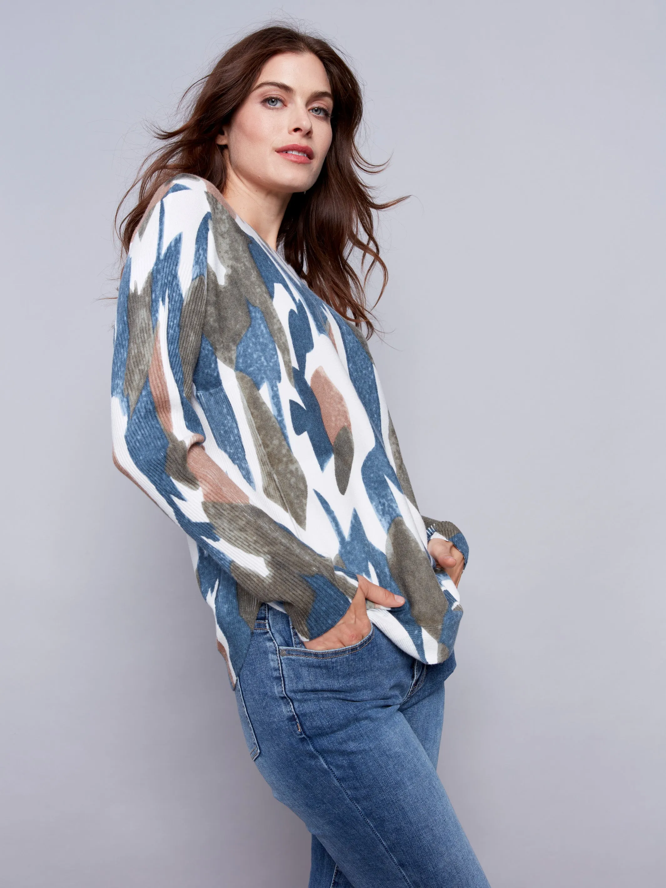 Printed Plush Knit Sweater - Moss