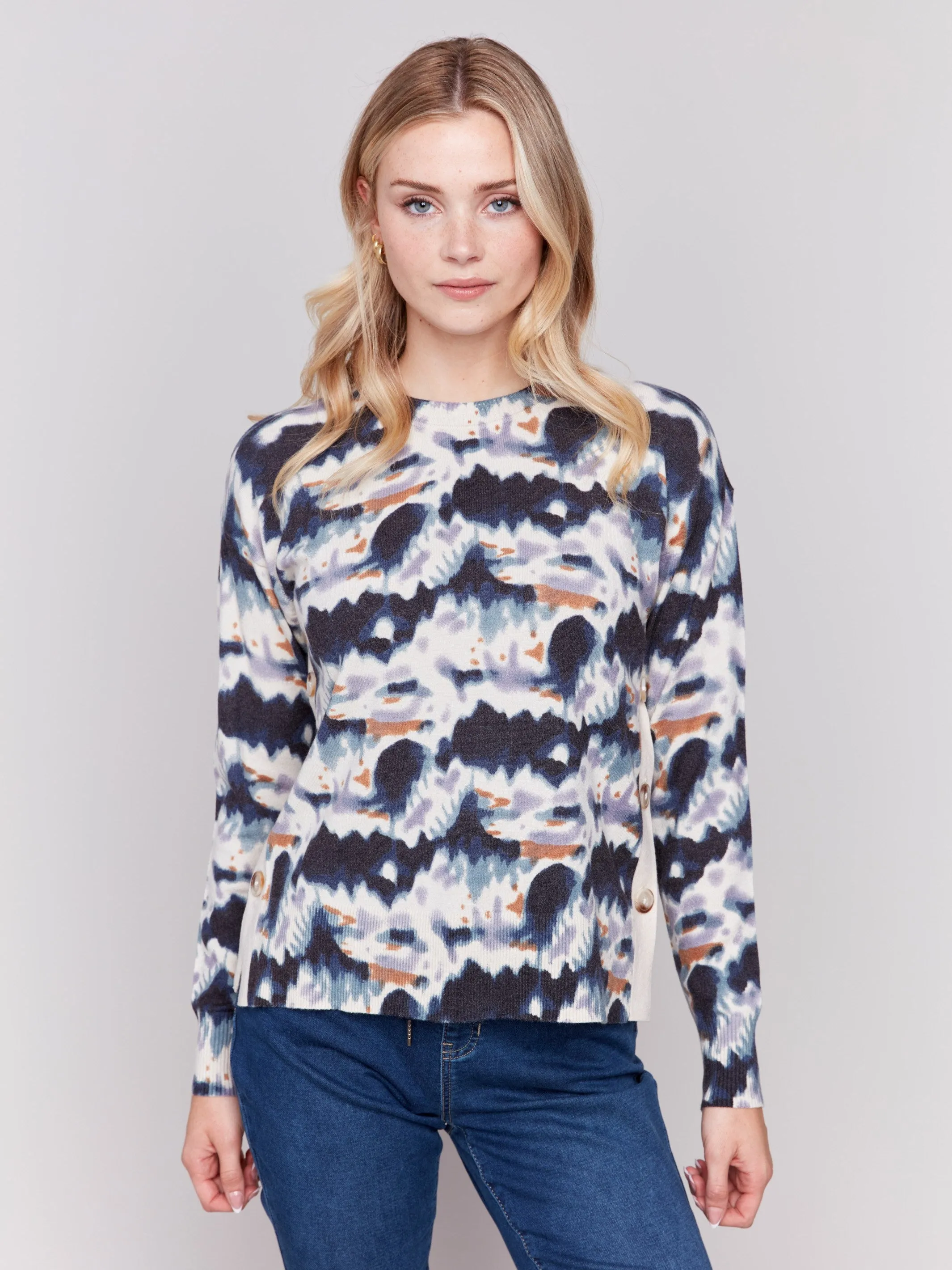 Printed Sweater With Side Buttons - Tie Dye