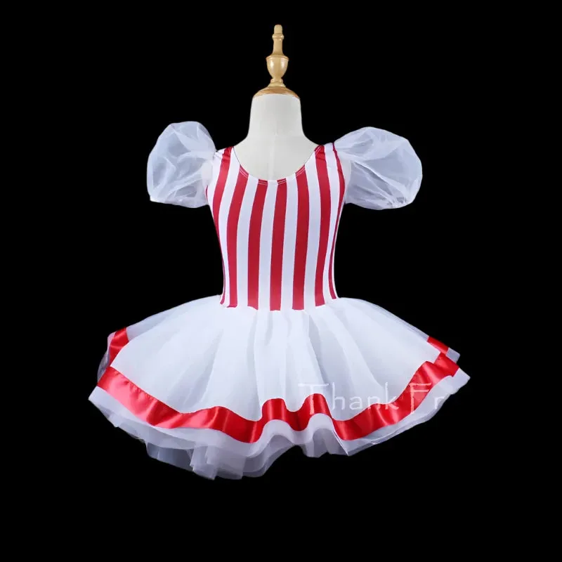 Puff Sleeve Stripe Ballet Tutu Dress Girls Dance Costume