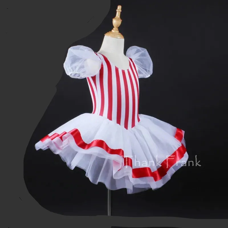 Puff Sleeve Stripe Ballet Tutu Dress Girls Dance Costume