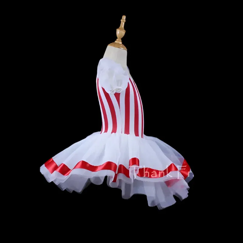 Puff Sleeve Stripe Ballet Tutu Dress Girls Dance Costume