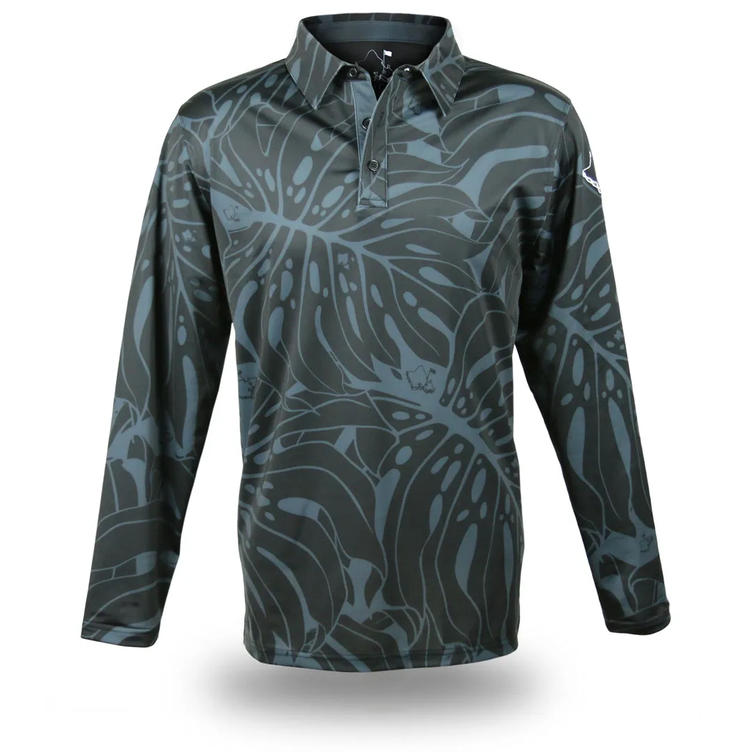 "Monstera 2.0" Obsidian Black - OGA Men's Long Sleeve Polo - Black