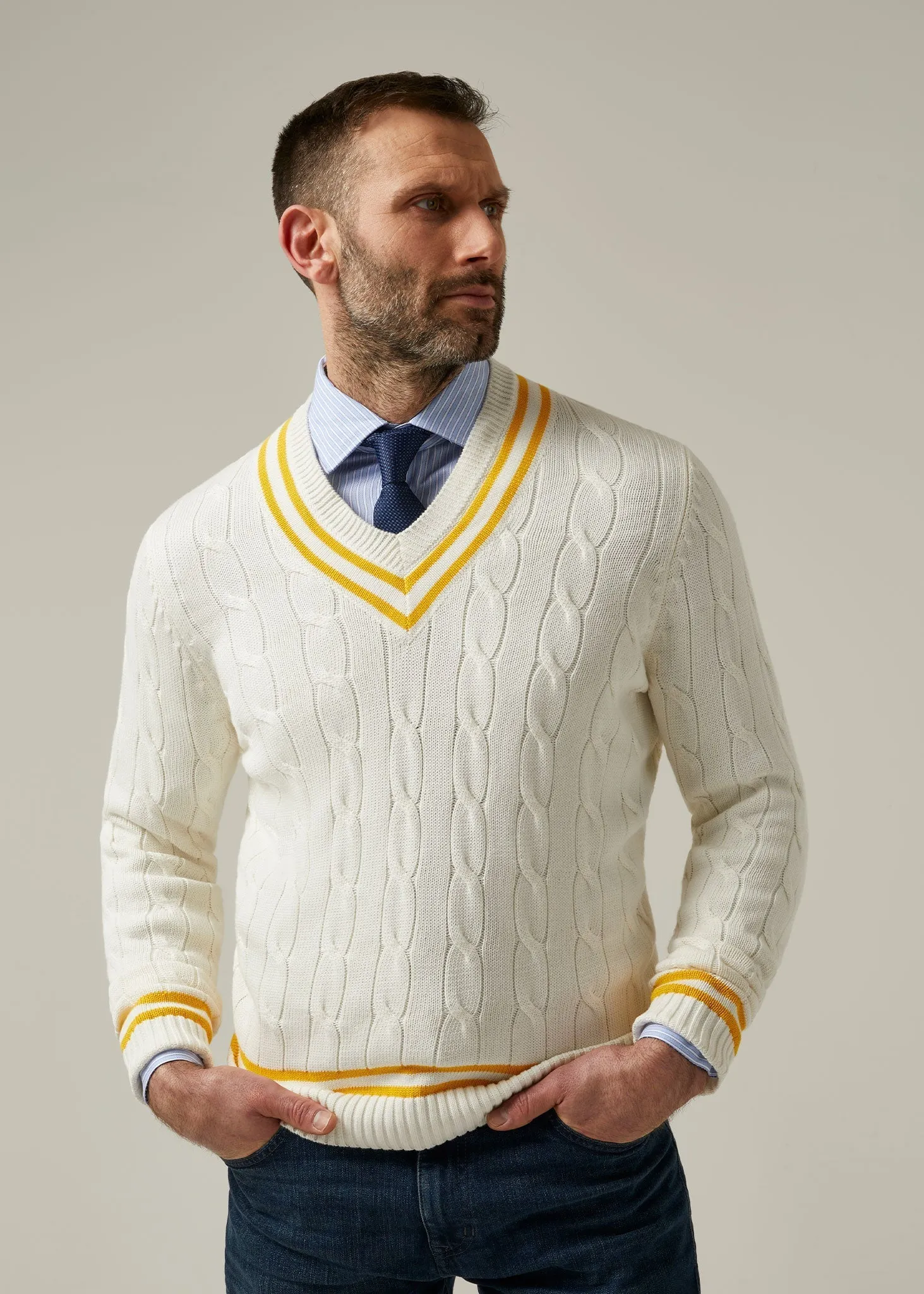 Sandridge Cable Knit Cricket Jumper In Ecru & Gold