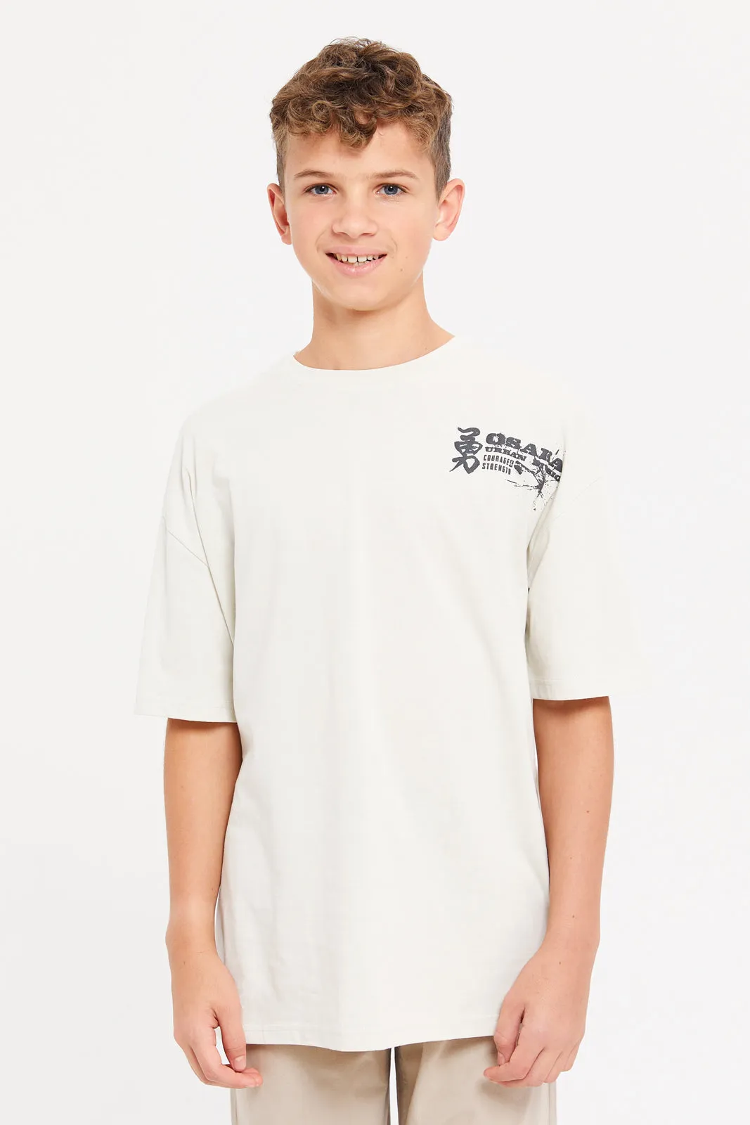 Senior Boys Beige Anime Oversize T-Shirt