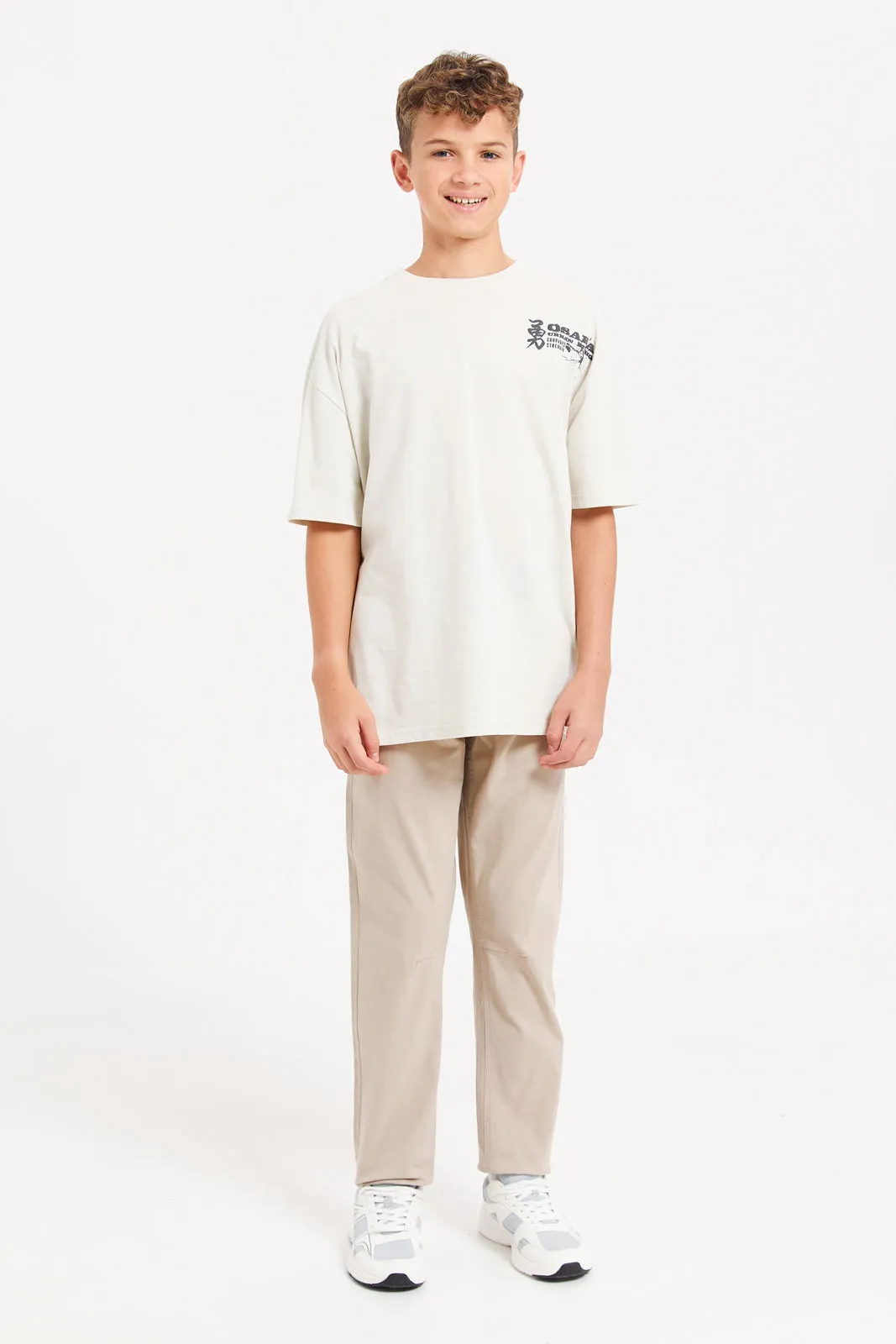 Senior Boys Beige Anime Oversize T-Shirt