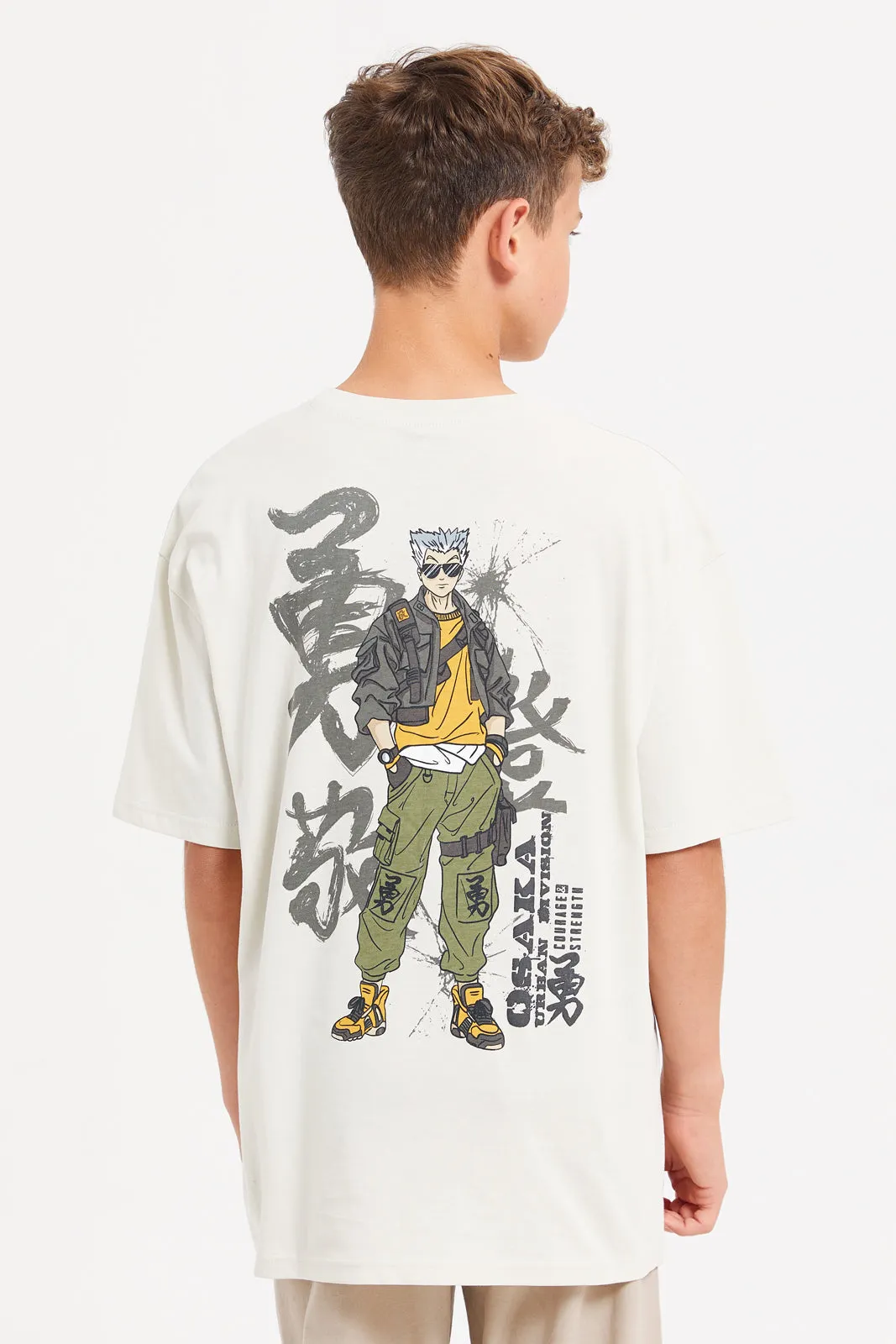 Senior Boys Beige Anime Oversize T-Shirt