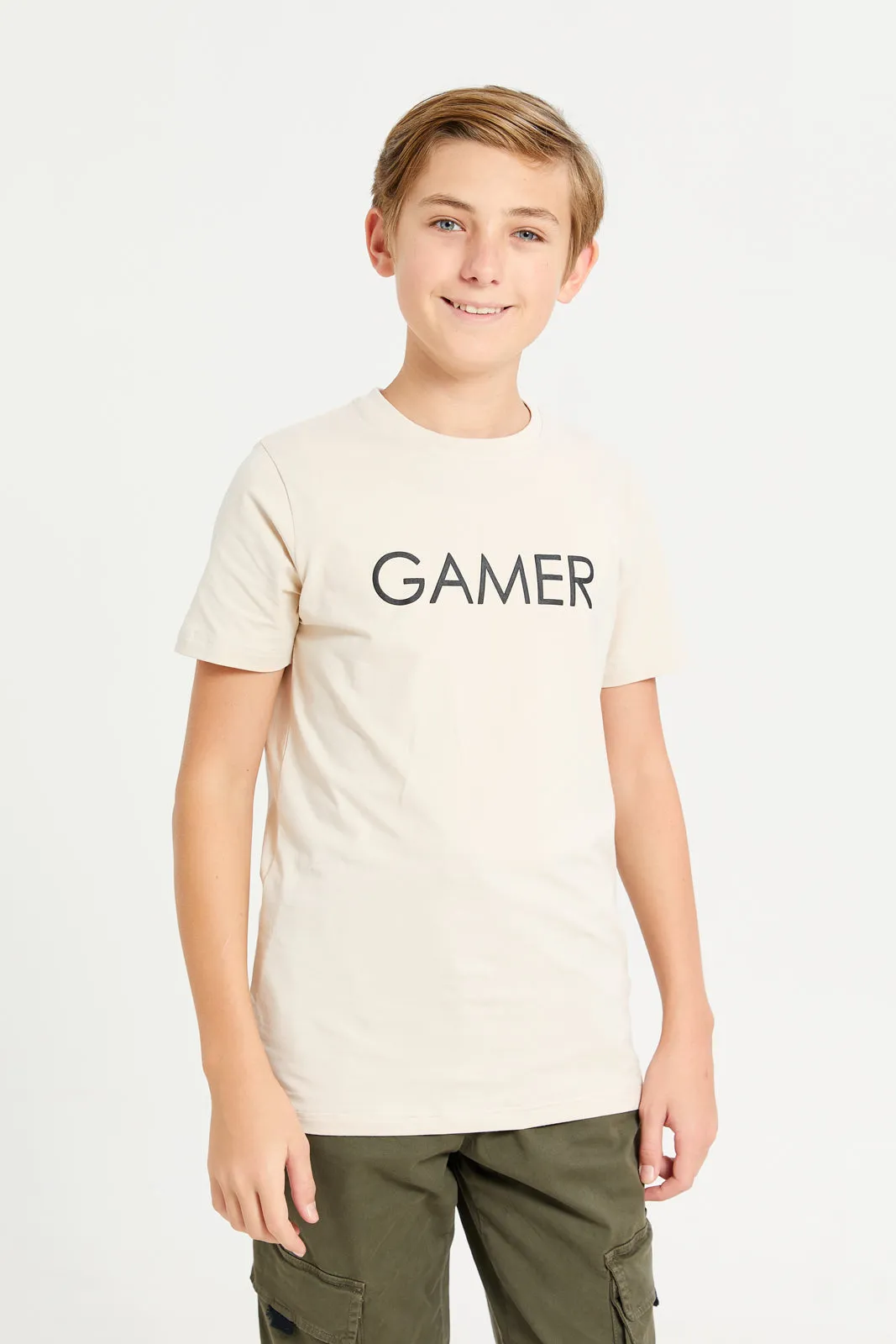 Senior Boys Beige Gamer Print T-Shirt