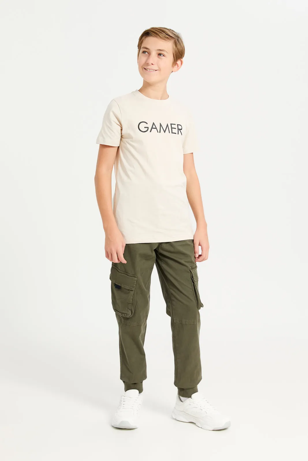 Senior Boys Beige Gamer Print T-Shirt