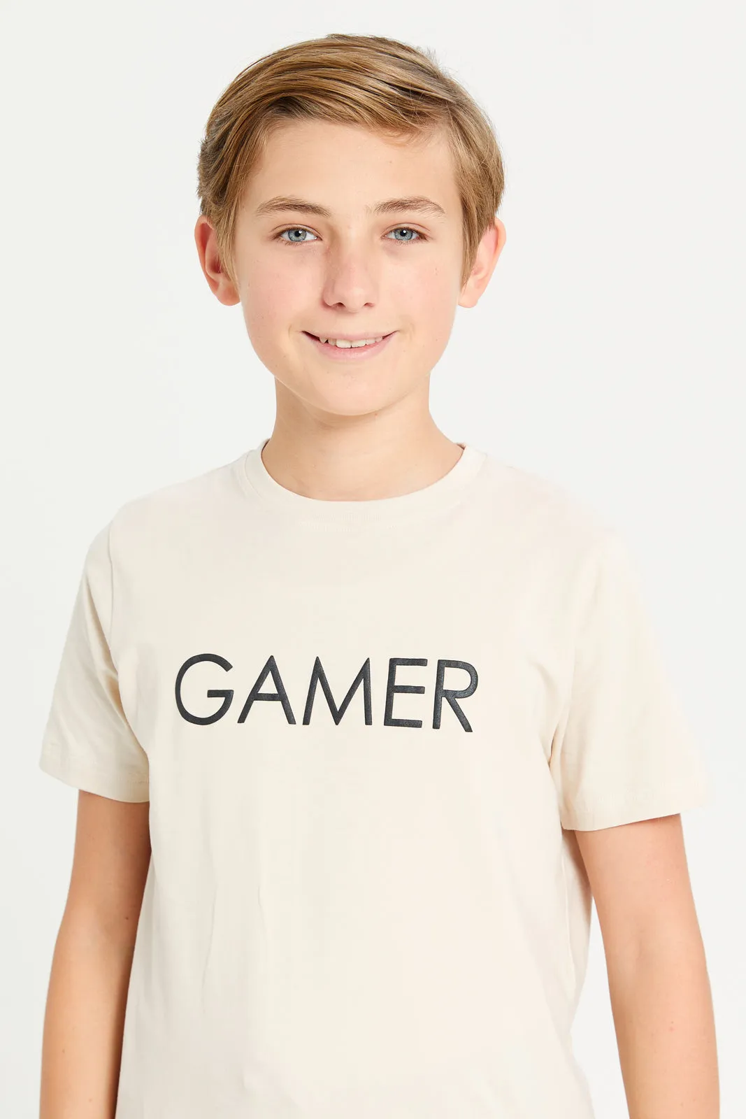 Senior Boys Beige Gamer Print T-Shirt