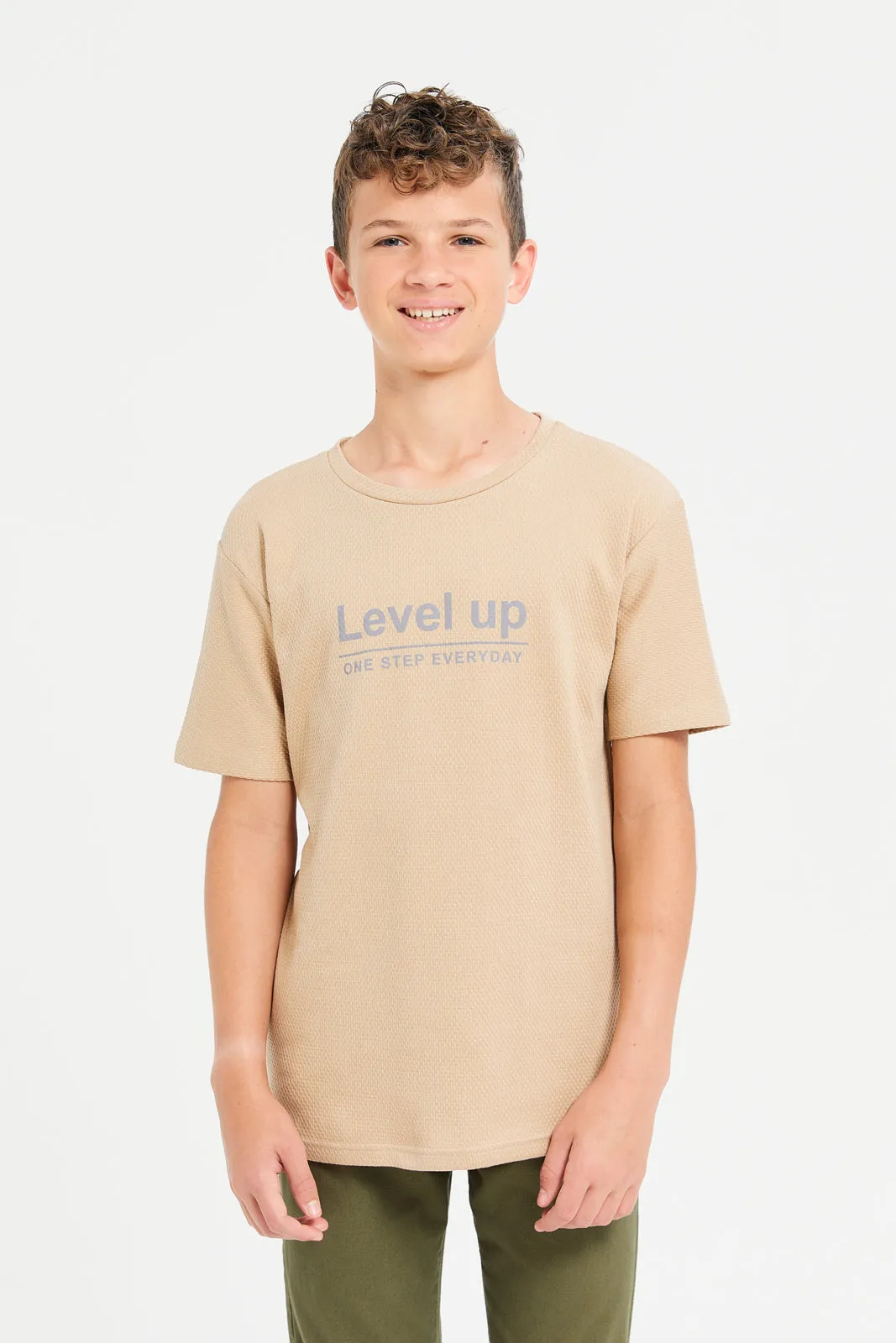 Senior Boys Beige Level Up Printed T-Shirt