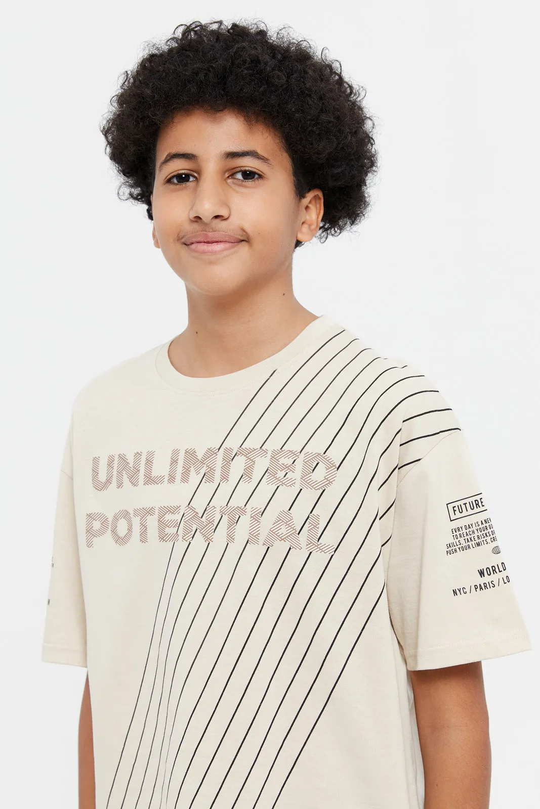 Senior Boys Beige Unlimited Print Oversize T-Shirt