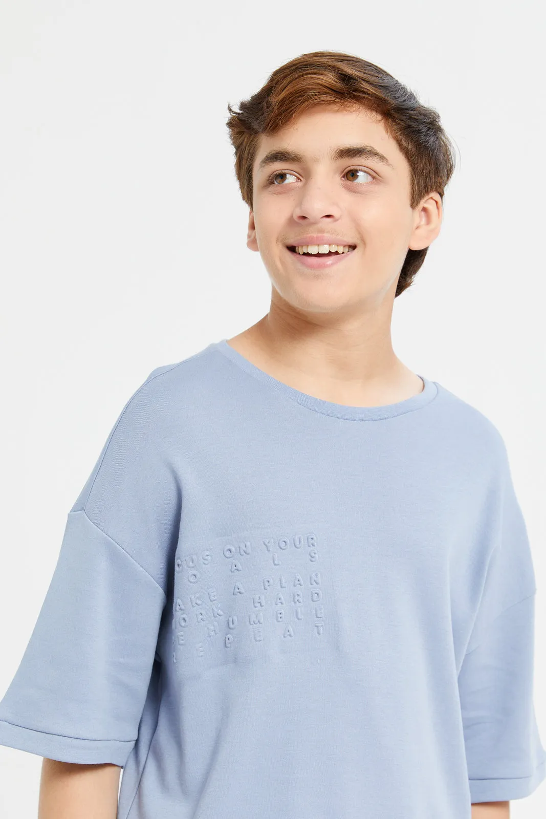 Senior Boys Blue Emboss Oversize T-Shirt