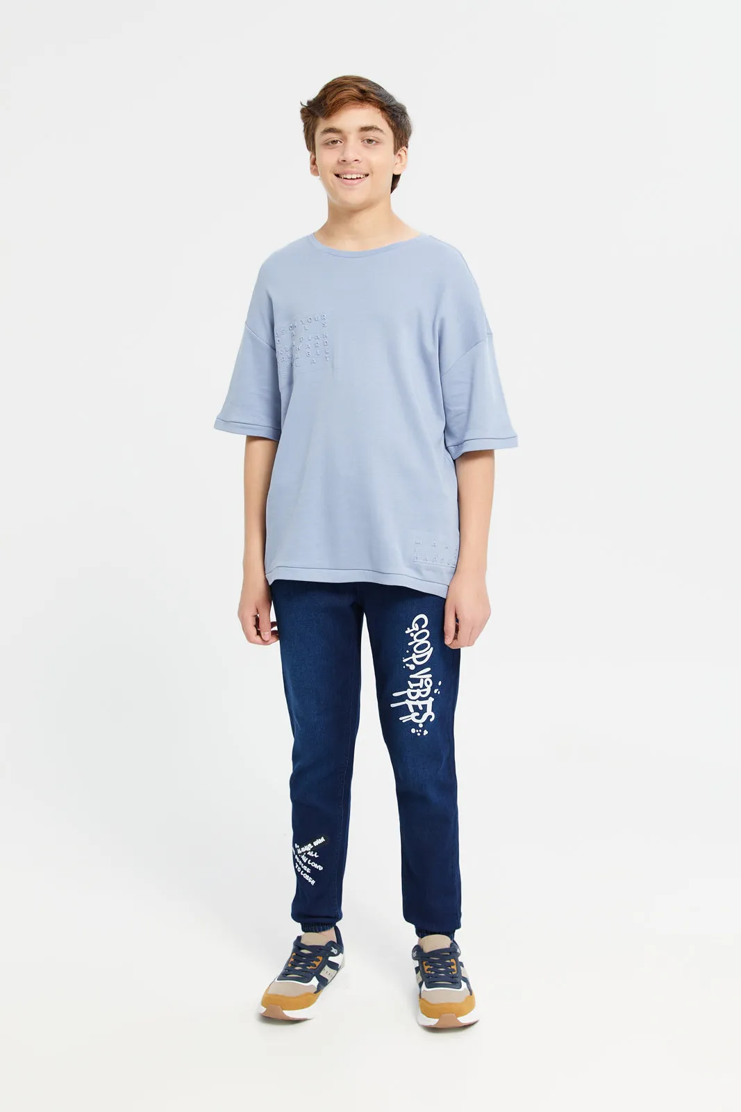 Senior Boys Blue Emboss Oversize T-Shirt