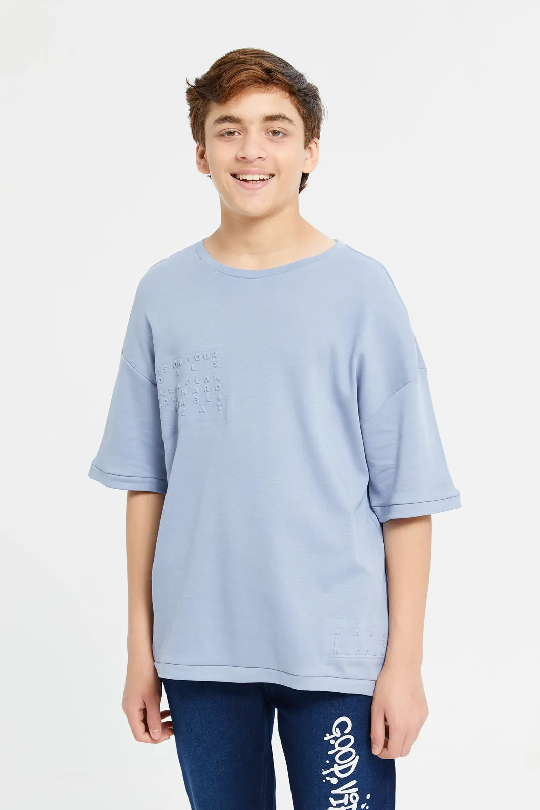 Senior Boys Blue Emboss Oversize T-Shirt