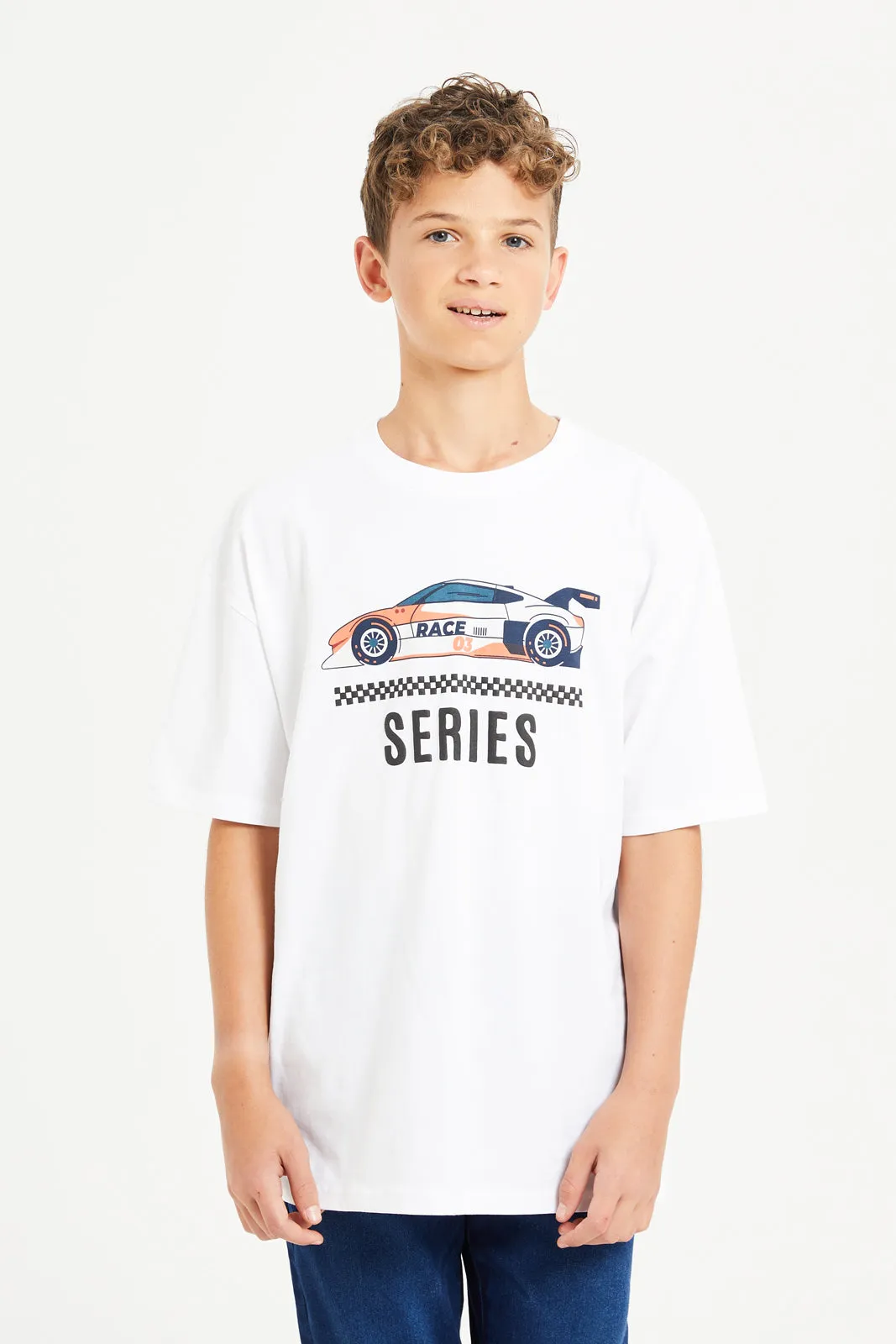 Senior Boys White Printed Oversize T-Shirt