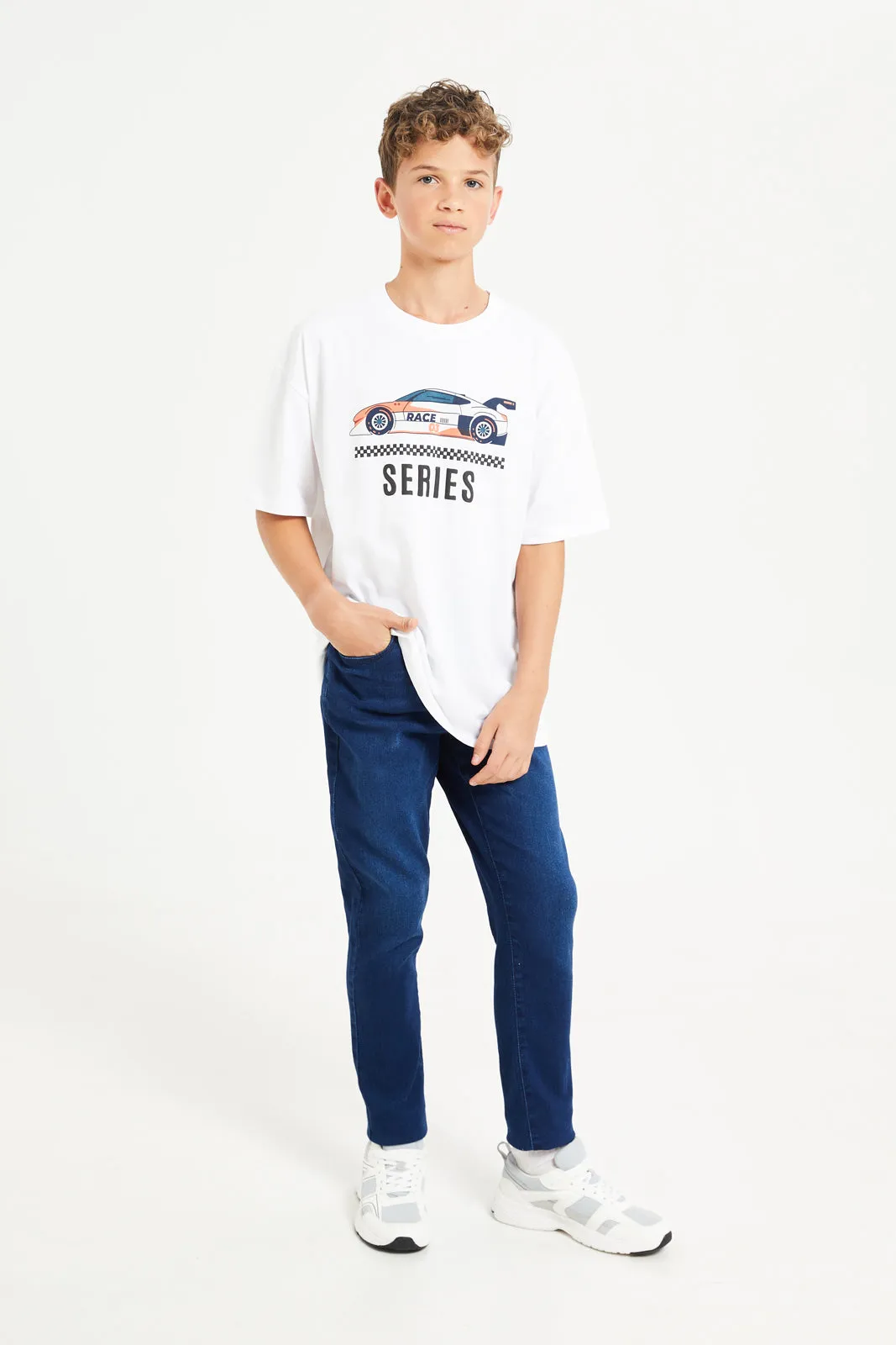 Senior Boys White Printed Oversize T-Shirt