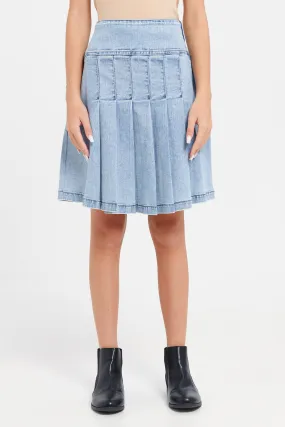 Senior Girls Blue Denim Pleated Skirt