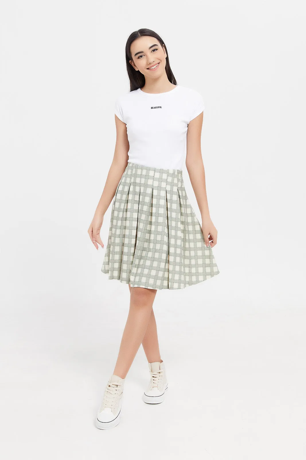 Senior Girls Mint And White Checkered Skirt