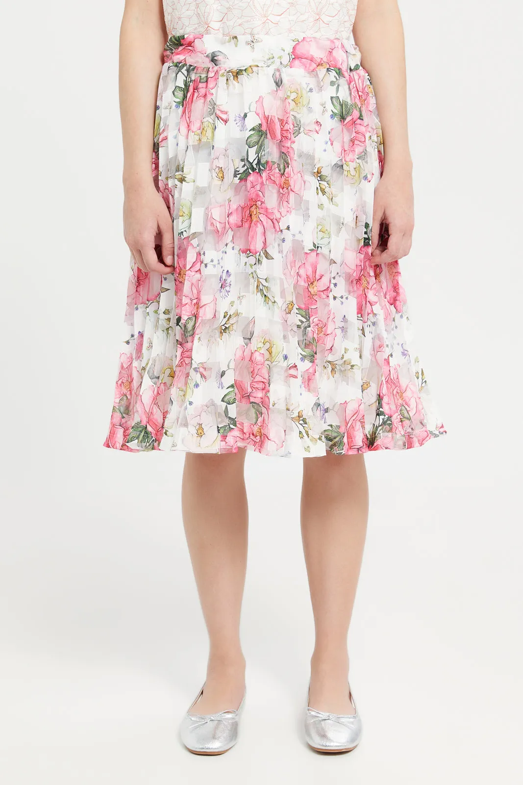 Senior Girls White And Pink Floral Organza Skirt