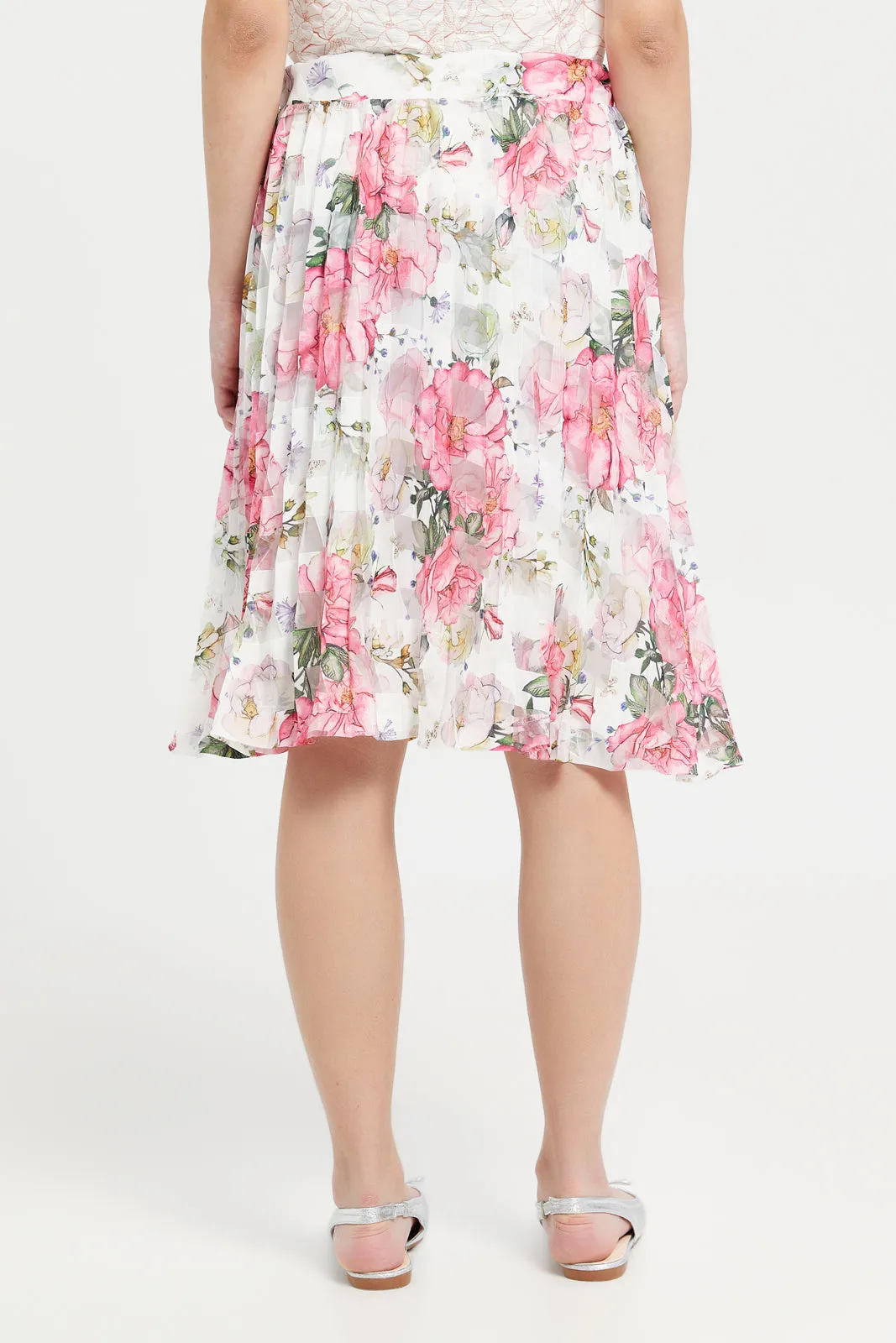 Senior Girls White And Pink Floral Organza Skirt