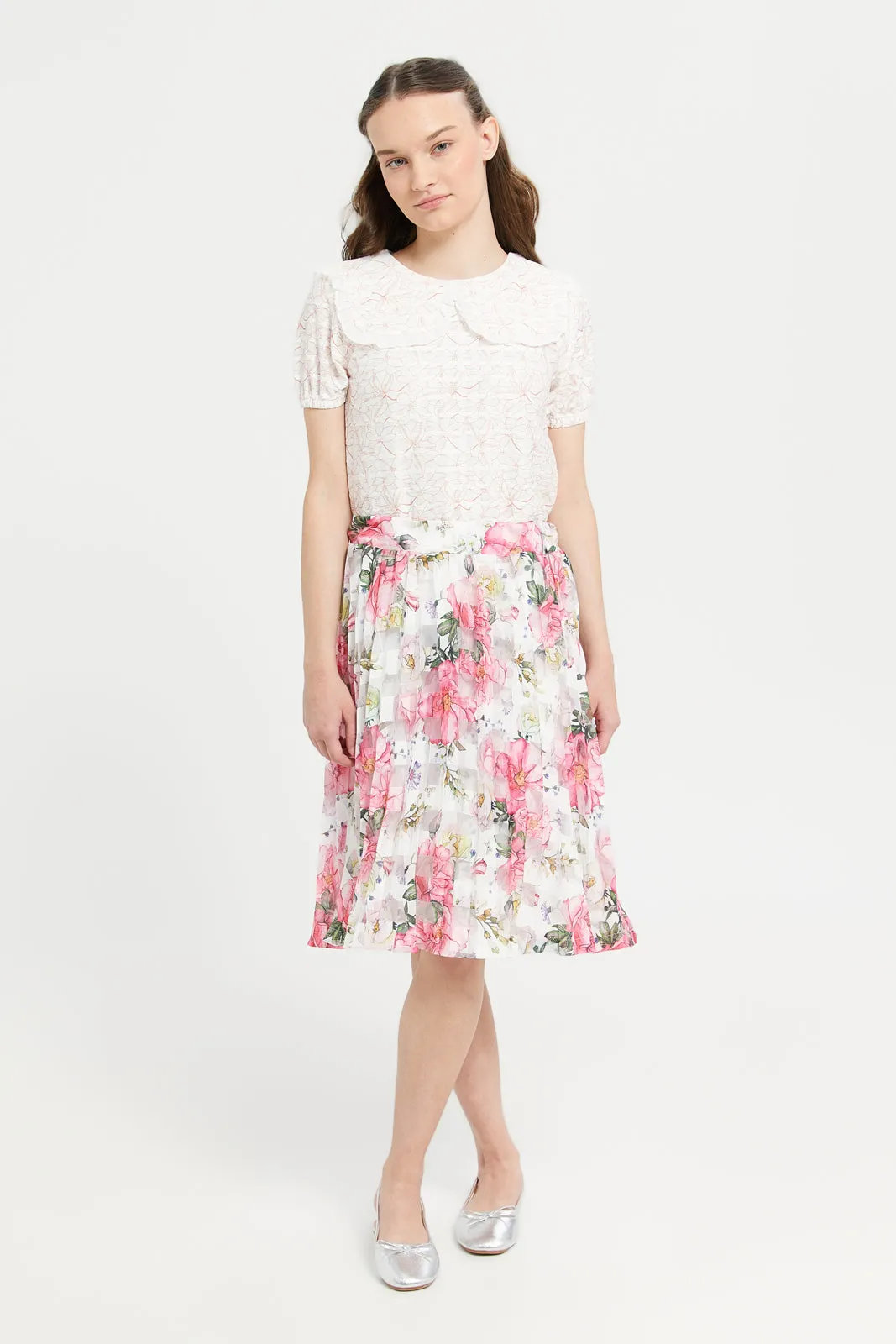 Senior Girls White And Pink Floral Organza Skirt