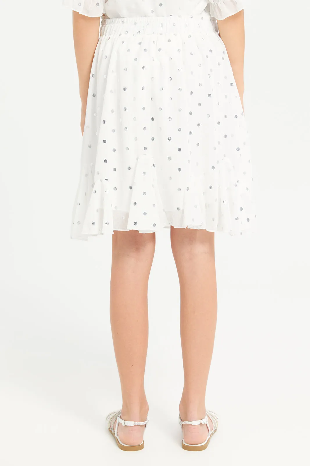 Senior Girls White Polka Dots Chiffon Skirt