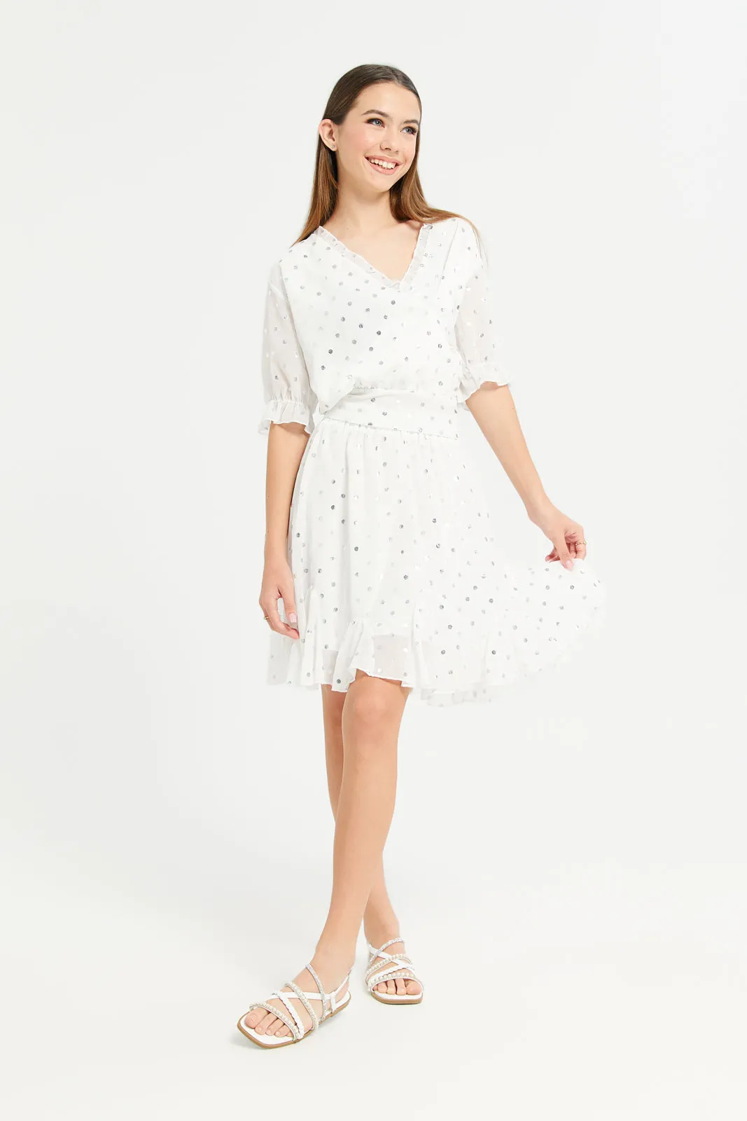 Senior Girls White Polka Dots Chiffon Skirt