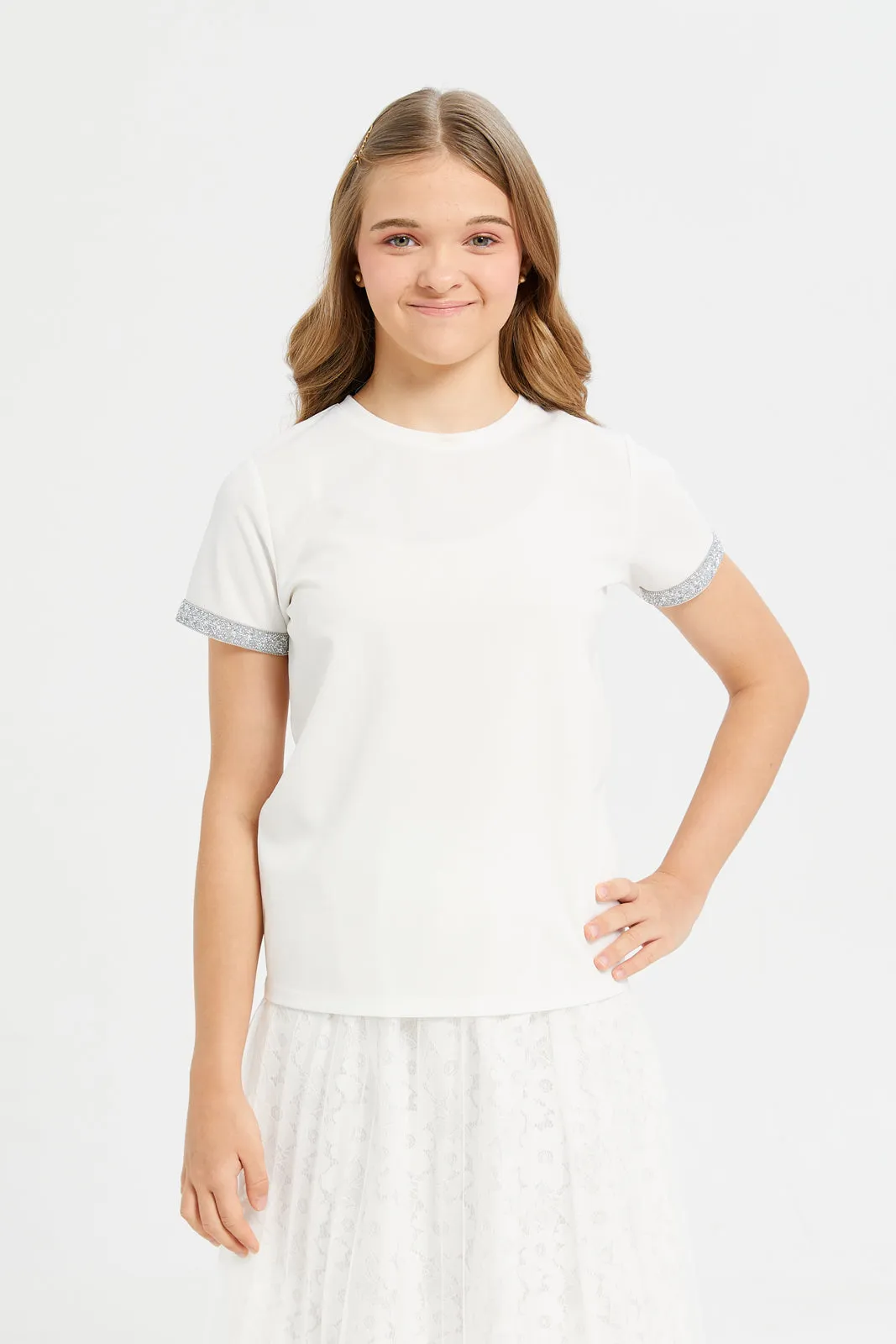 Senior Girls White Top With Embellished Sleeves