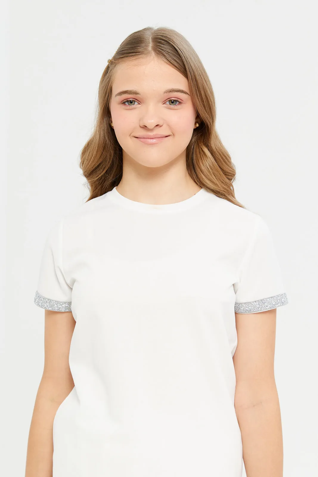 Senior Girls White Top With Embellished Sleeves