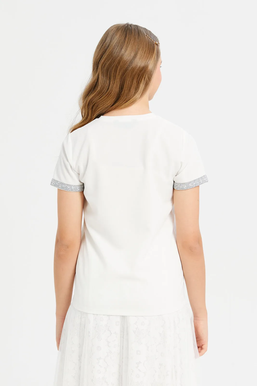 Senior Girls White Top With Embellished Sleeves