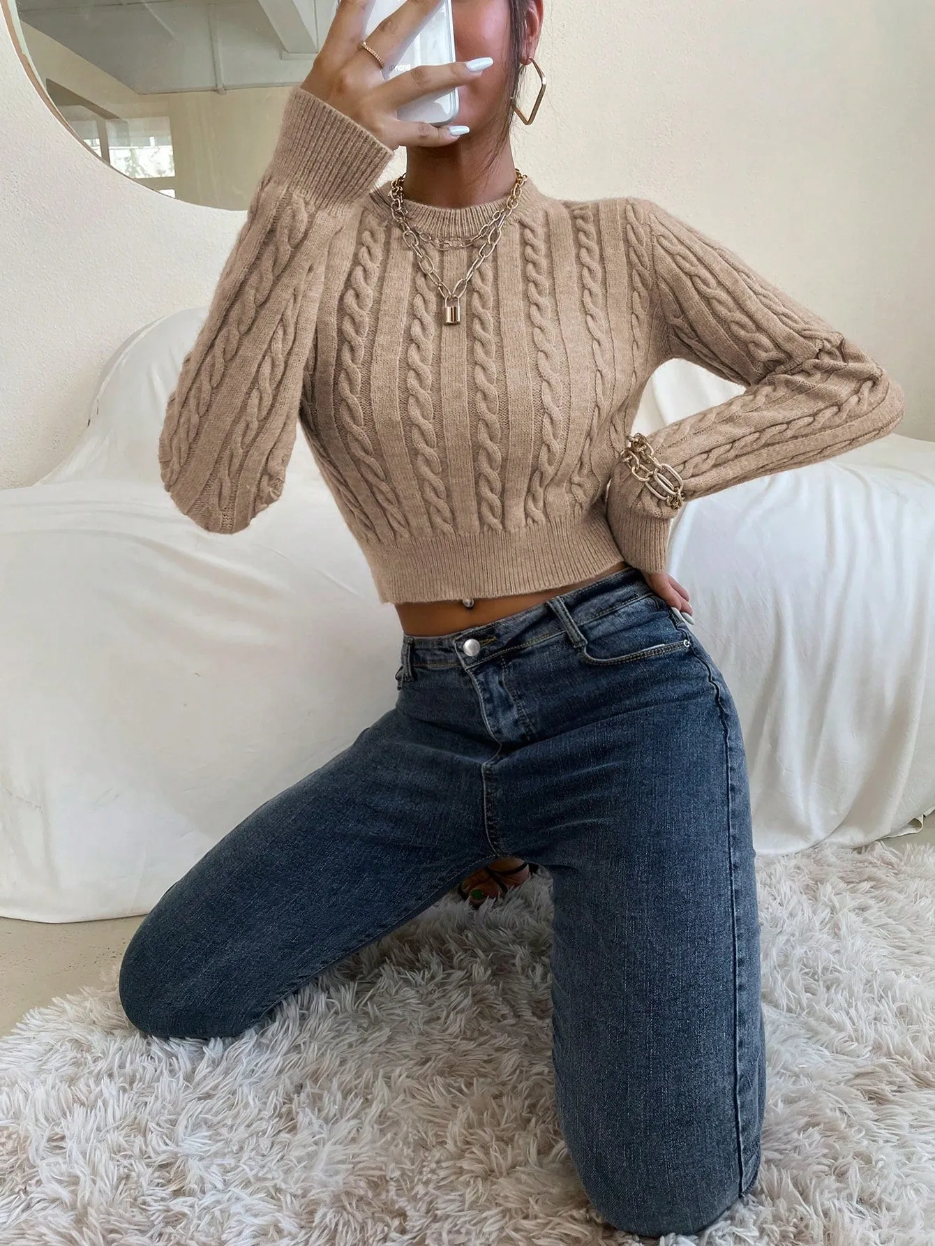 SHEIN Priv̩ Cable Knit Crop Sweater