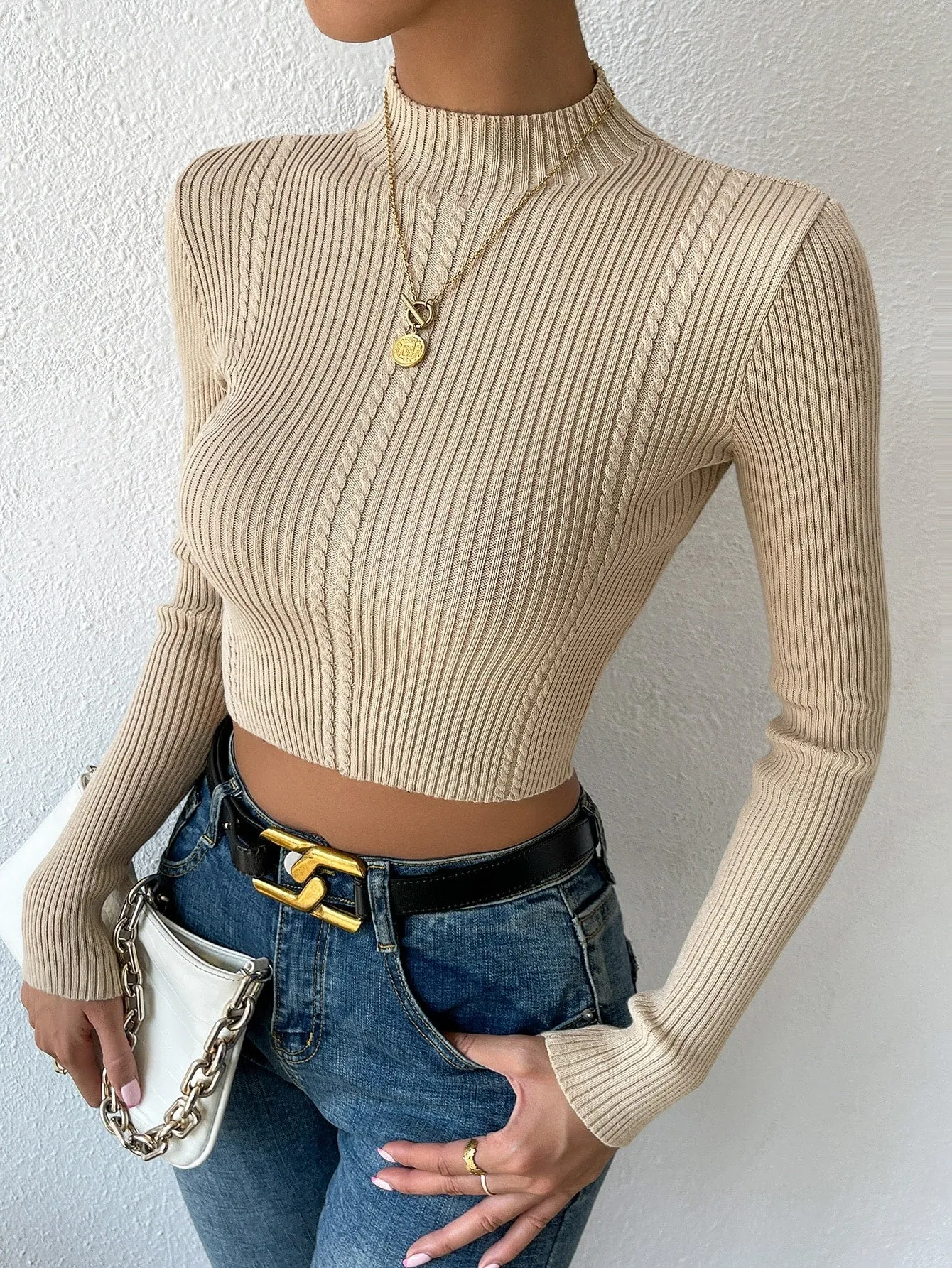 SHEIN Priv̩ Mock Neck Cable Knit Crop Sweater