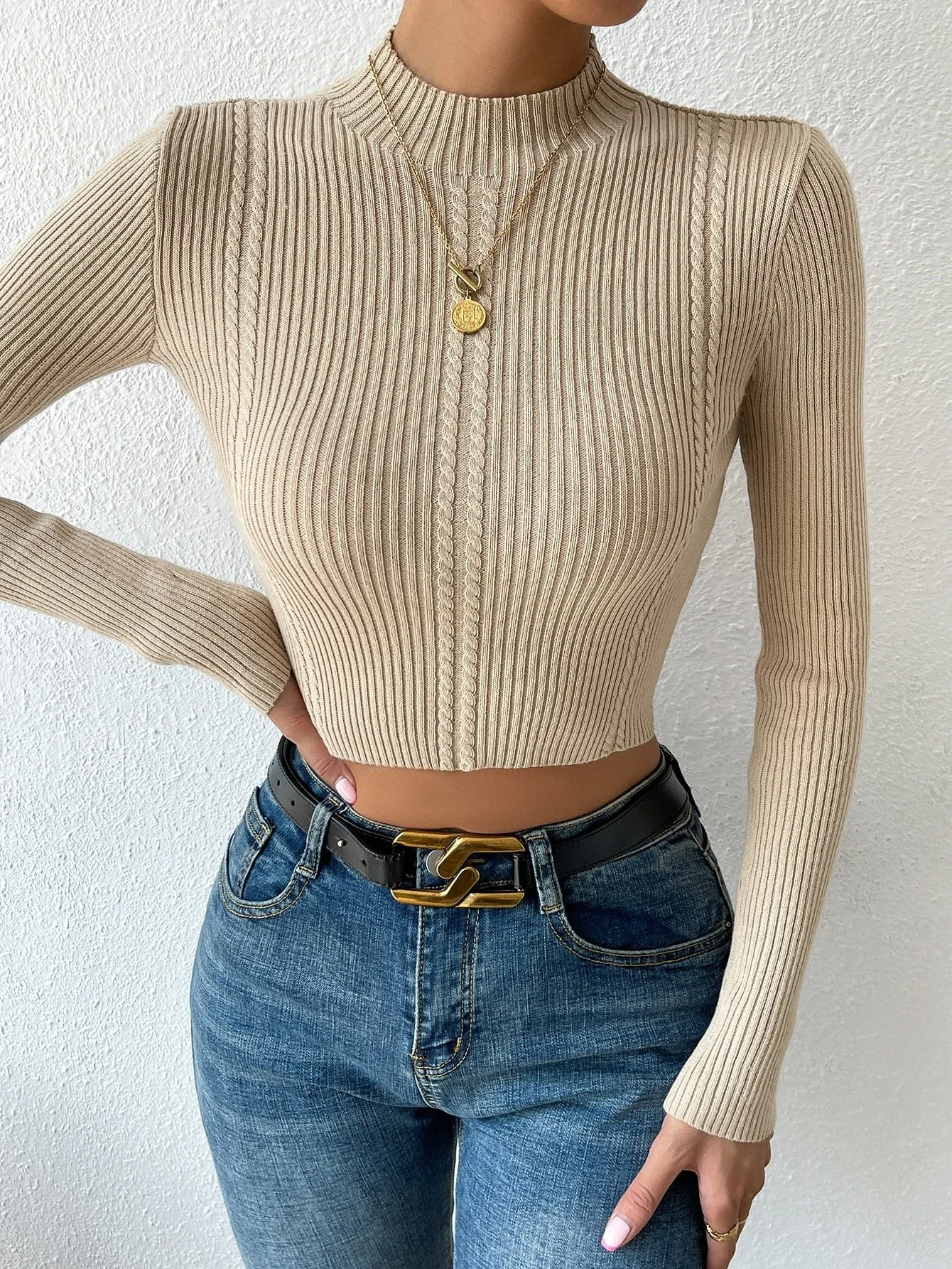 SHEIN Priv̩ Mock Neck Cable Knit Crop Sweater