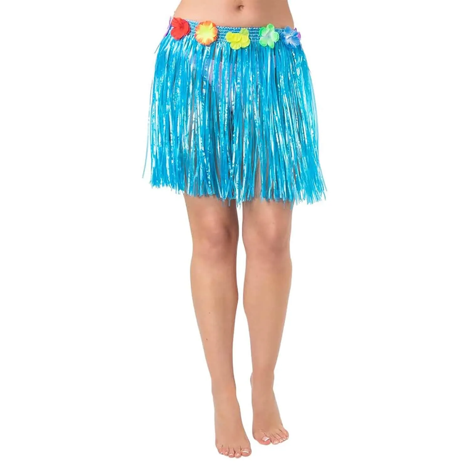 Short Hula Grass Skirt With Flowers Hawaiian Beach Party 40cm