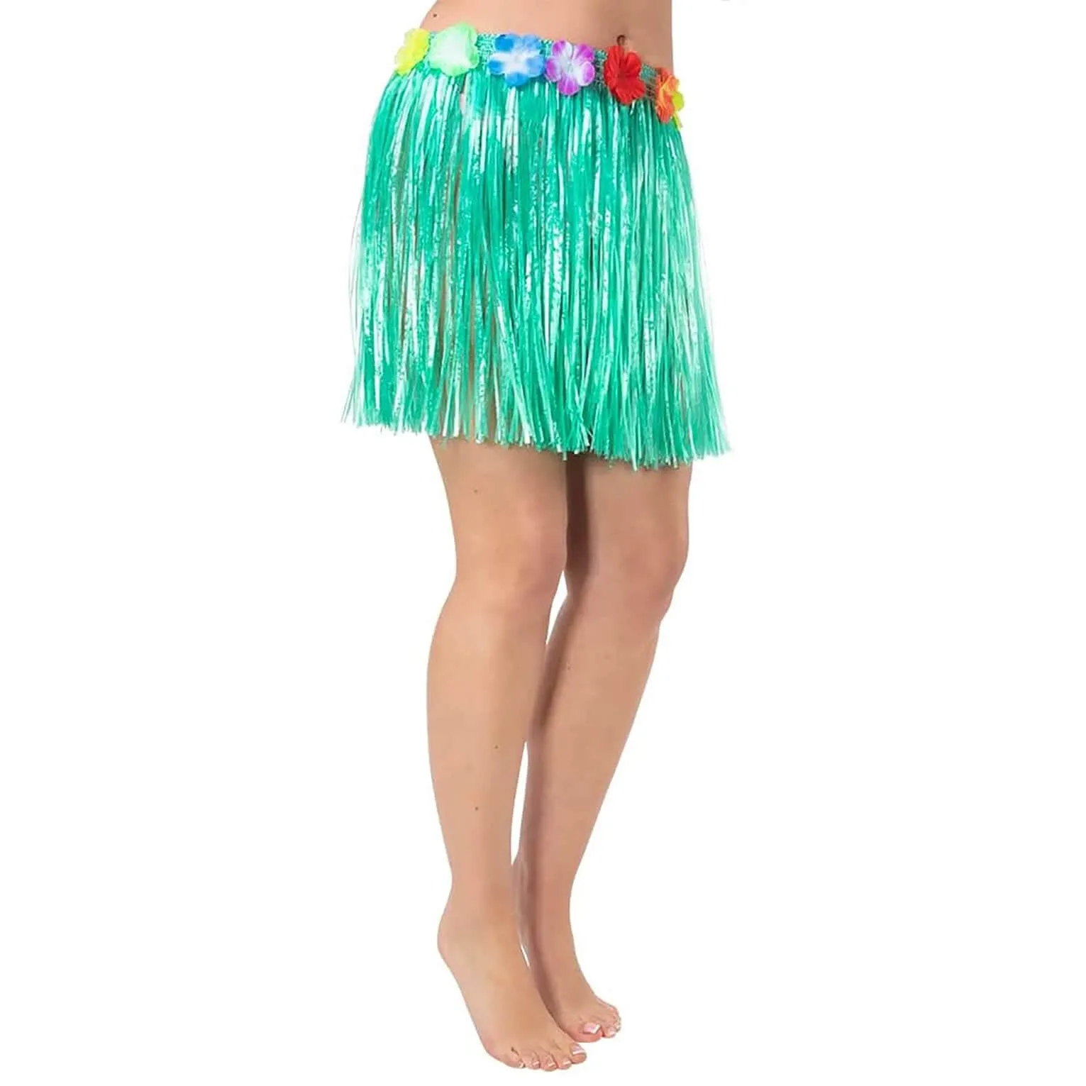 Short Hula Grass Skirt With Flowers Hawaiian Beach Party 40cm