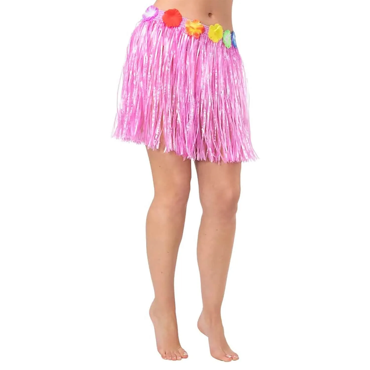 Short Hula Grass Skirt With Flowers Hawaiian Beach Party 40cm