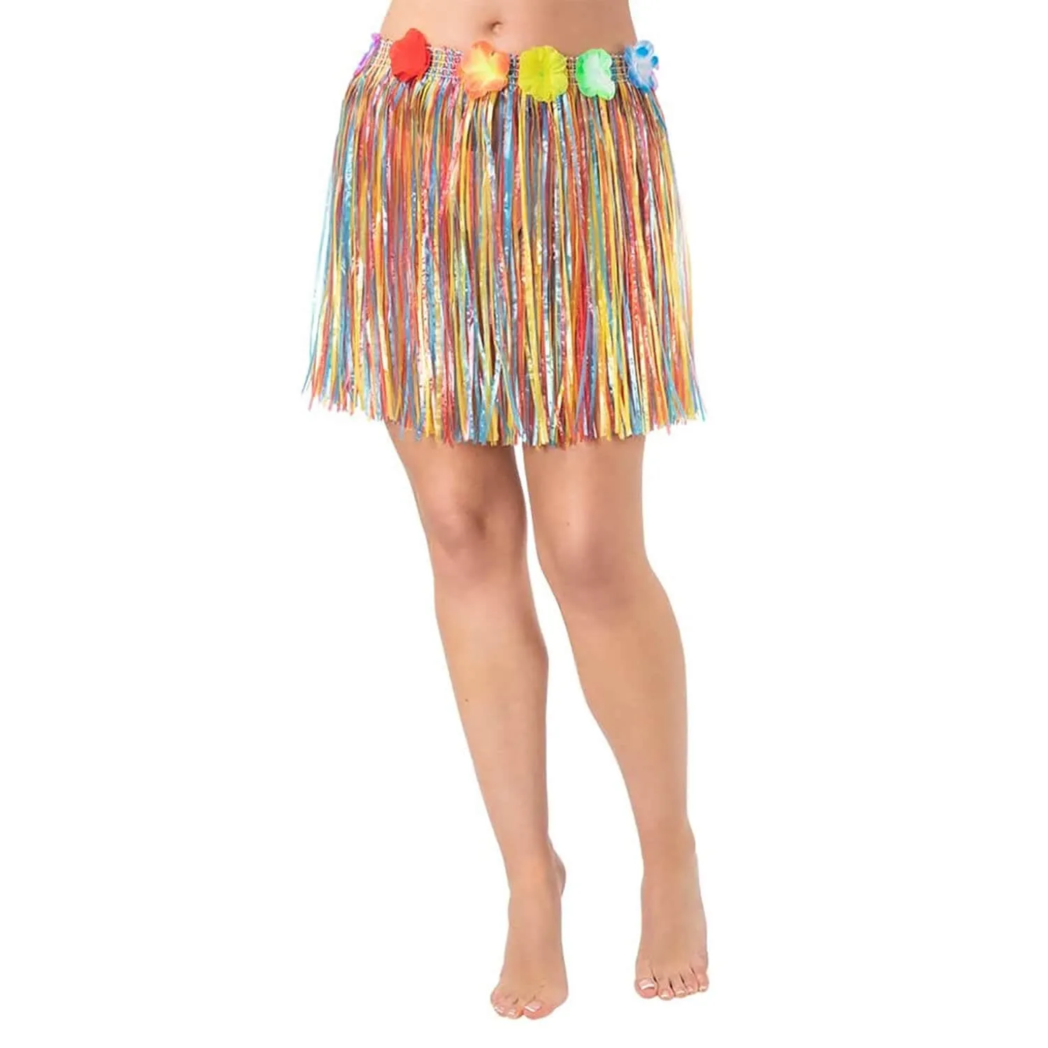 Short Hula Grass Skirt With Flowers Hawaiian Beach Party 40cm