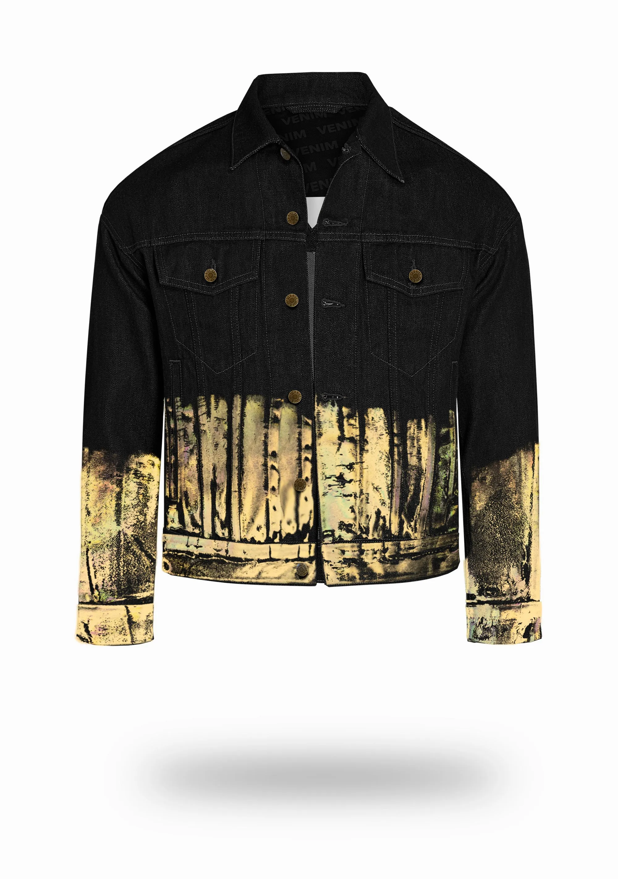 Shorter Classic Black Denim Jacket with Gold Holographic Foil