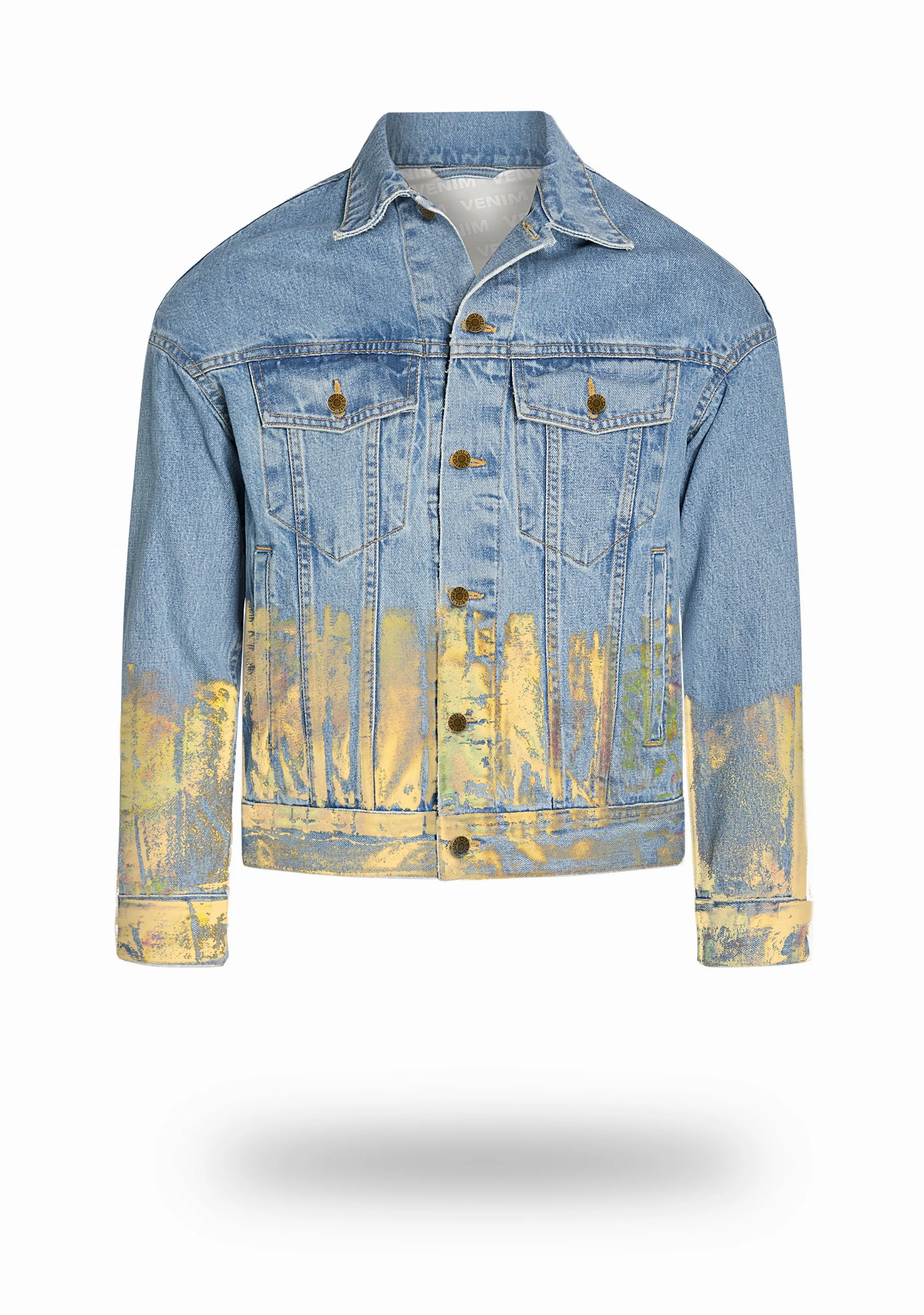 Shorter Light Wash Denim Jacket with Gold Holographic Foil