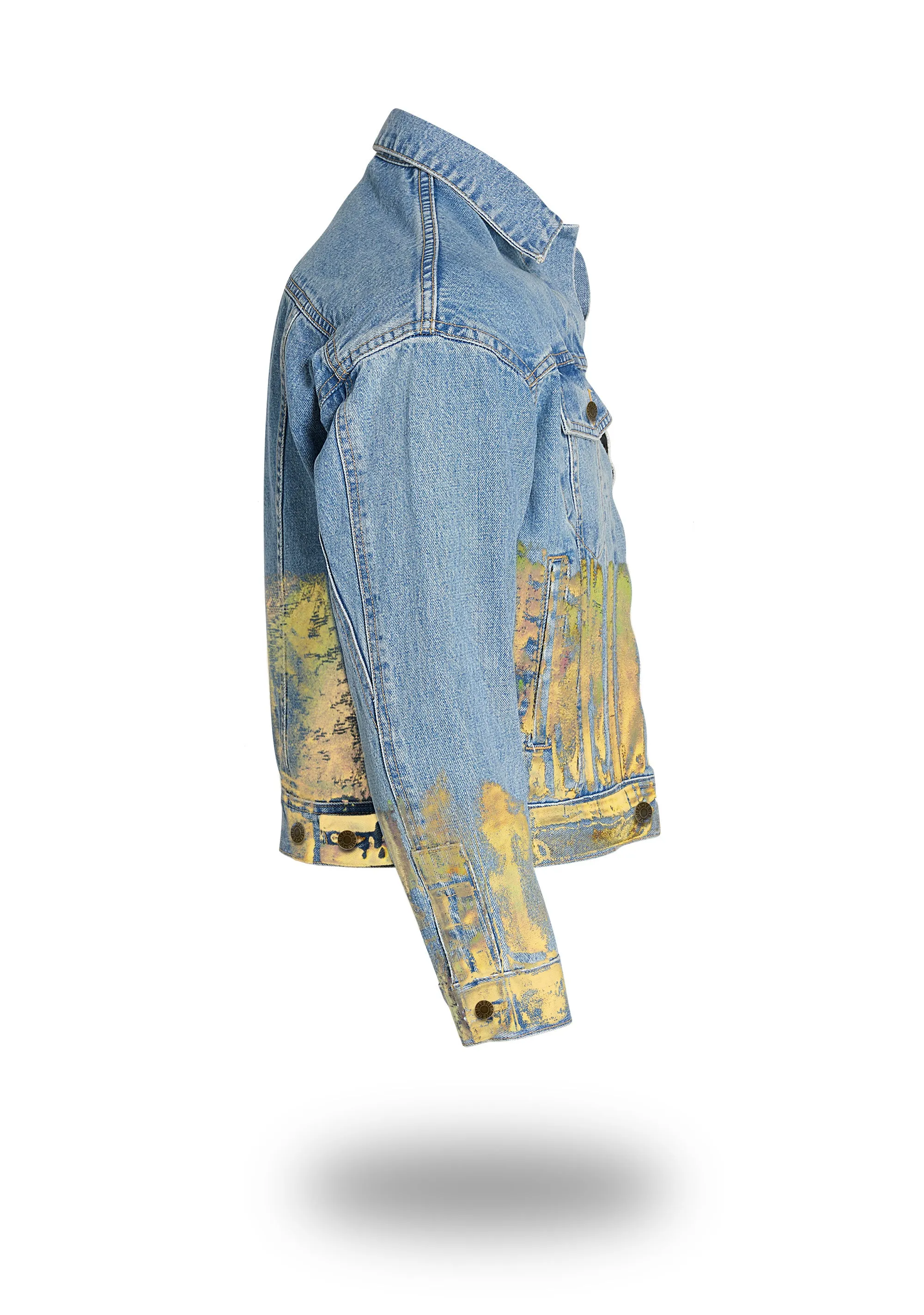 Shorter Light Wash Denim Jacket with Gold Holographic Foil