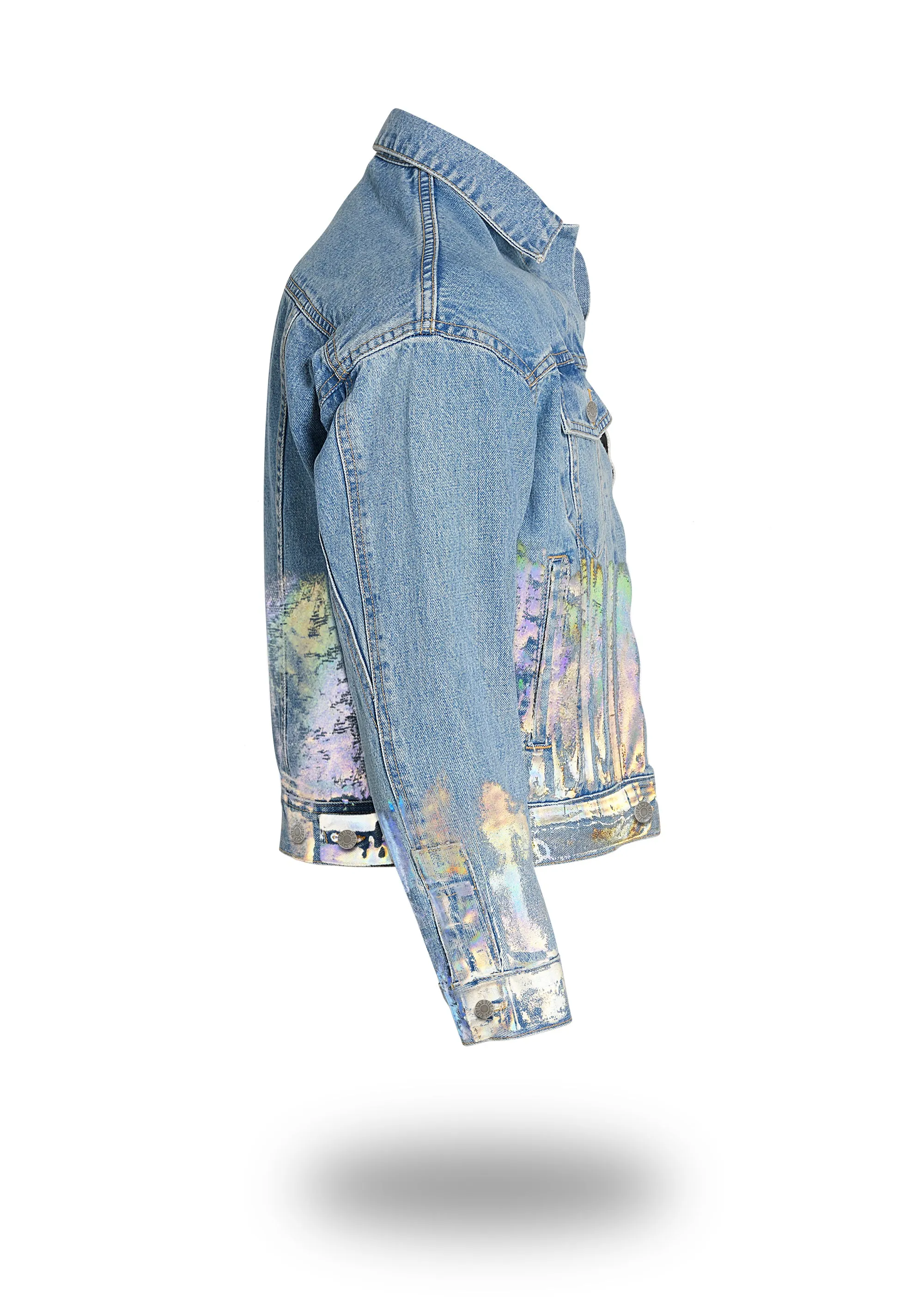 Shorter Light Wash Denim Jacket with Holographic Foil