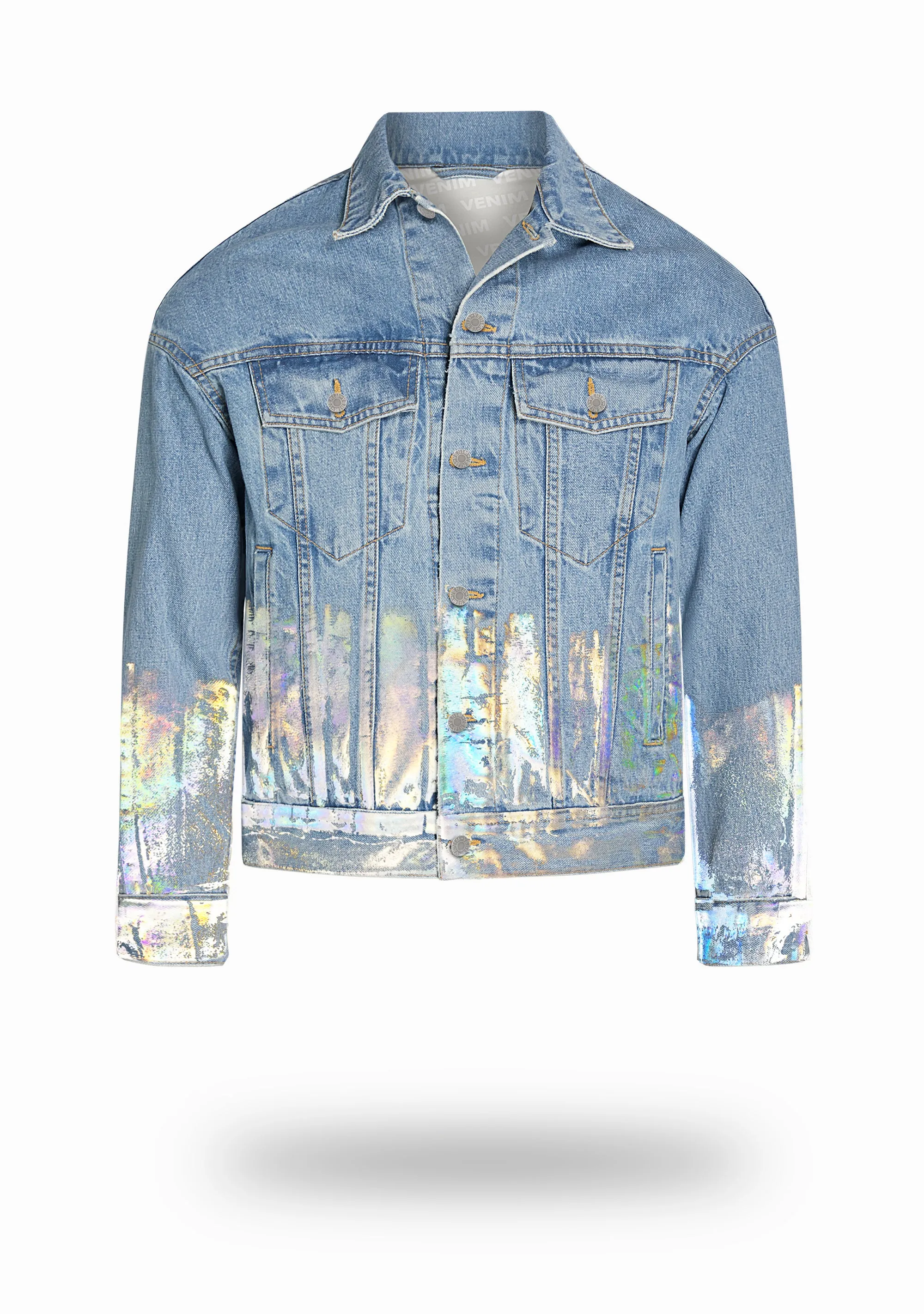 Shorter Light Wash Denim Jacket with Holographic Foil